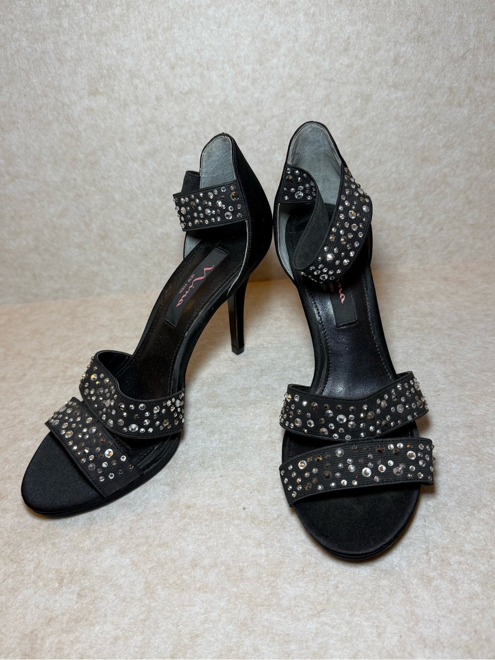 Nina New York Black Stiletto Heels Sparkling Rhinestone Satin Straps Size 7M